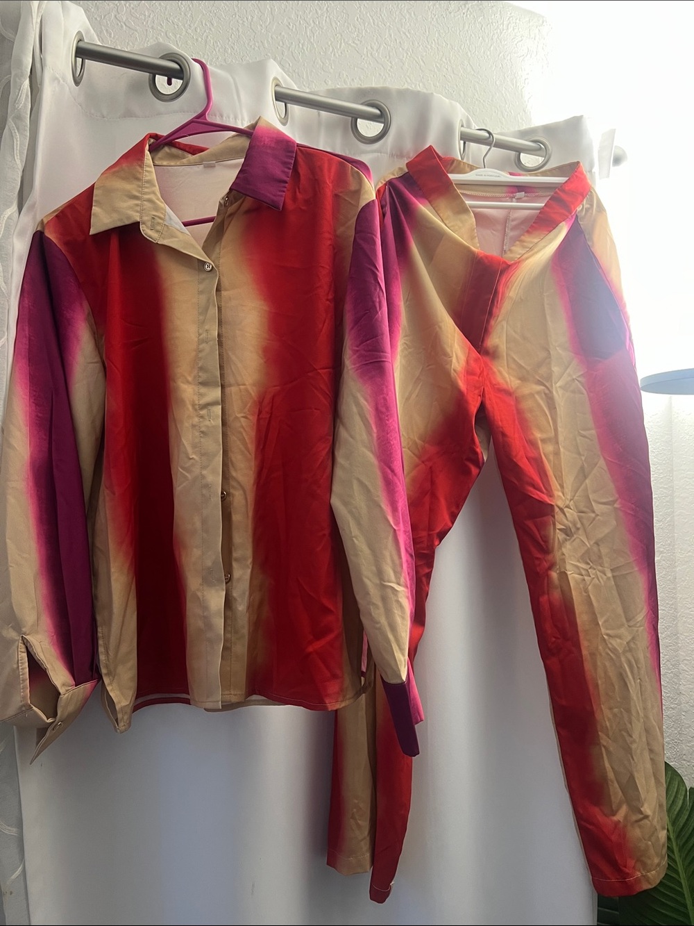 SHEIN Red Pink Cream Striped Button-Up Shirt & Pants Set